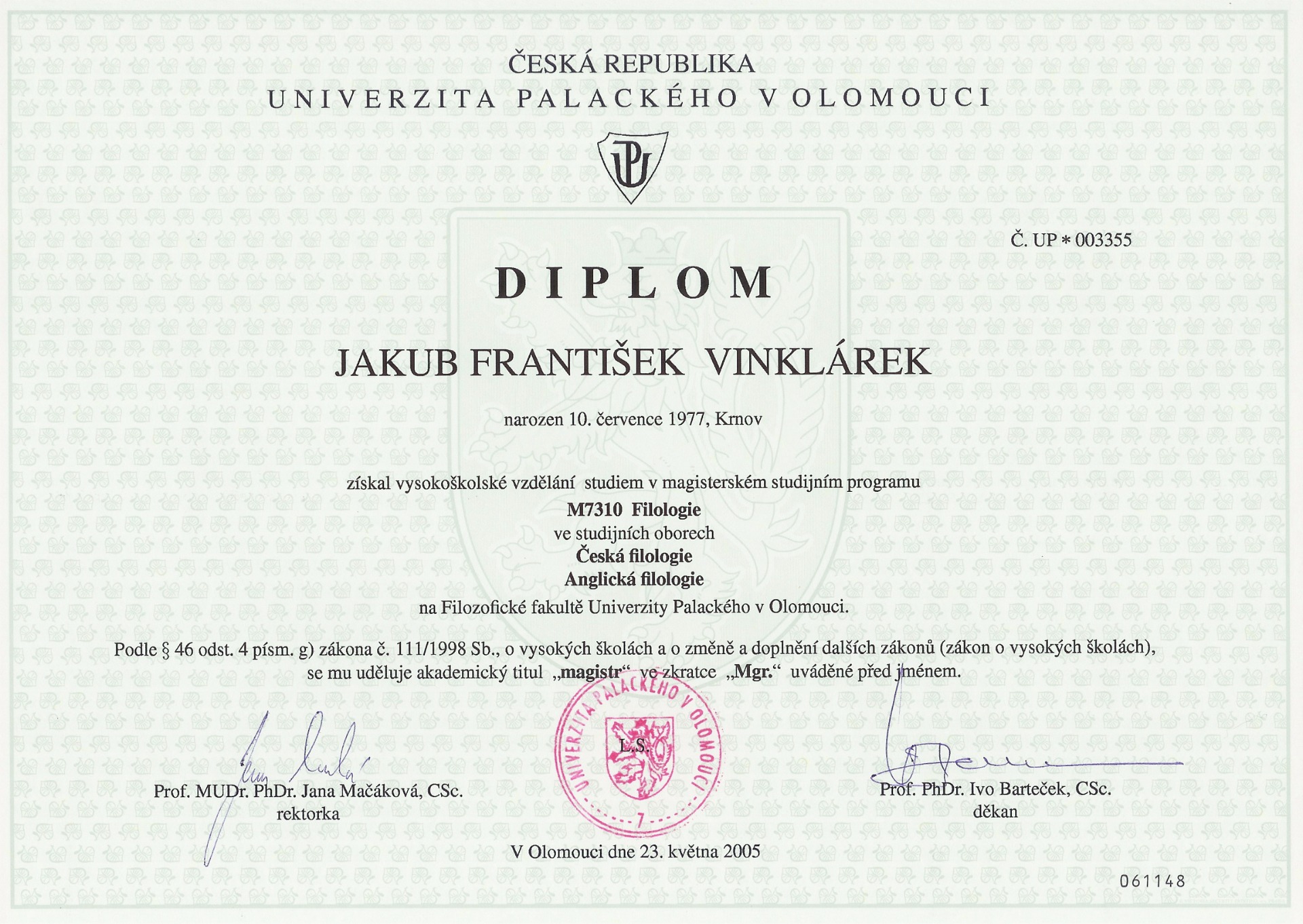 Diplom z oboru anglická a česká filologie